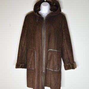 Via Spiga Womens Large Brown Leather/Suede Long Coat w/Faux Fur Cuffs 34" Length